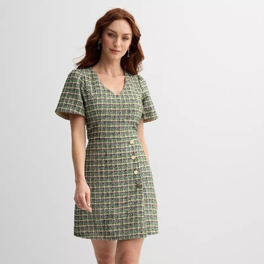 Draper James NWT Womens Short Sleeve Tweed Dress Black Multi Green Plaid Size 6